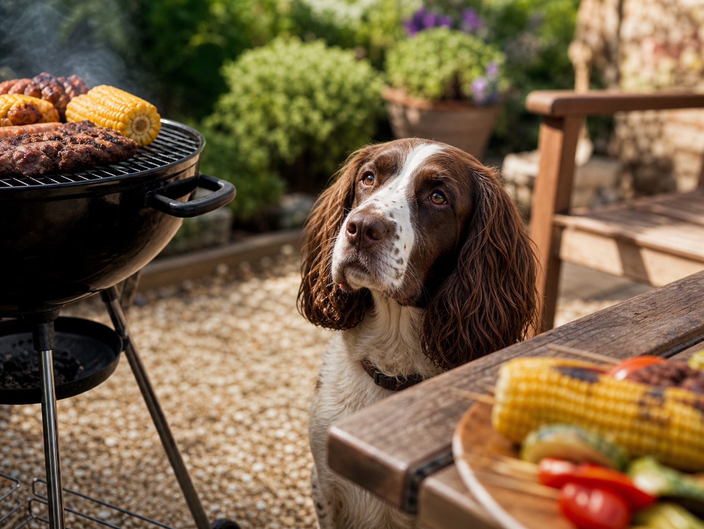 Dog sitting beside a summer BBQ with corn on the cob safely out of reach