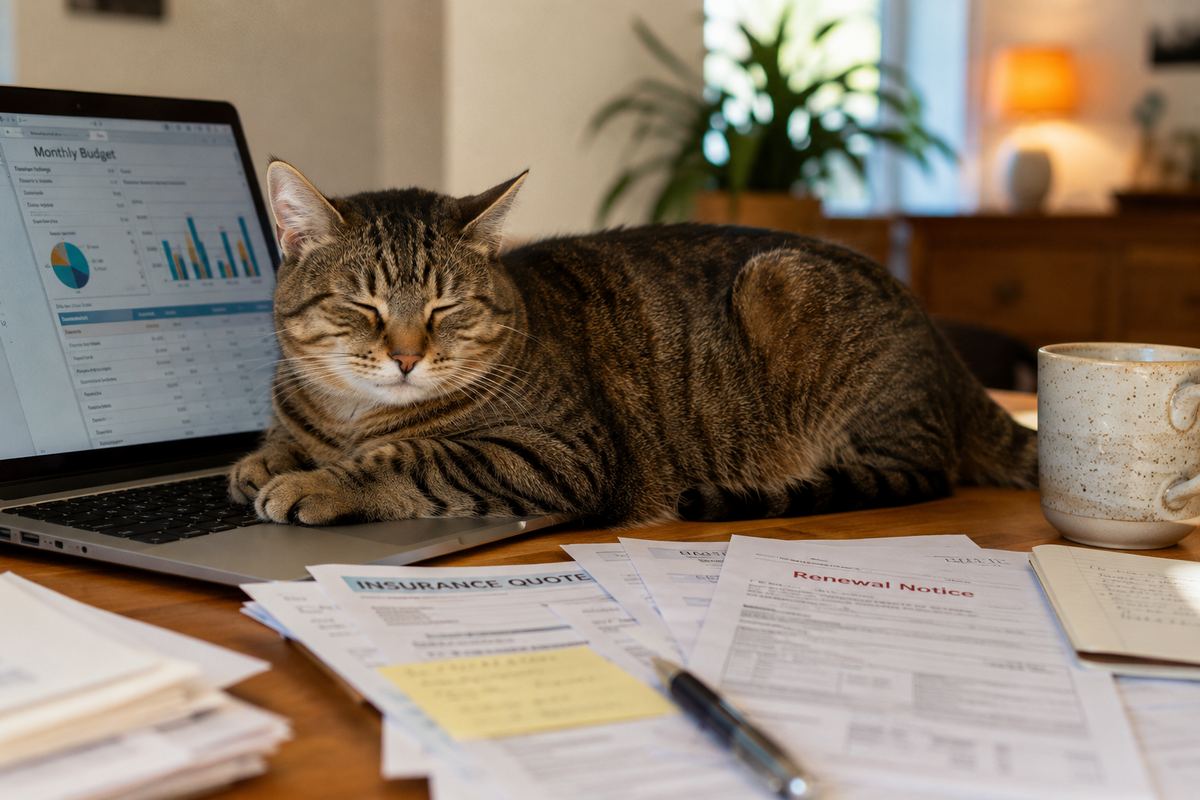 Cat near a laptop while pet insurance notes are being reviewed