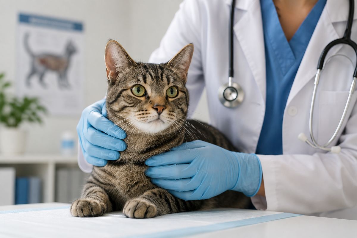 Pet owner checking a pet insurance claim at home with a cat nearby