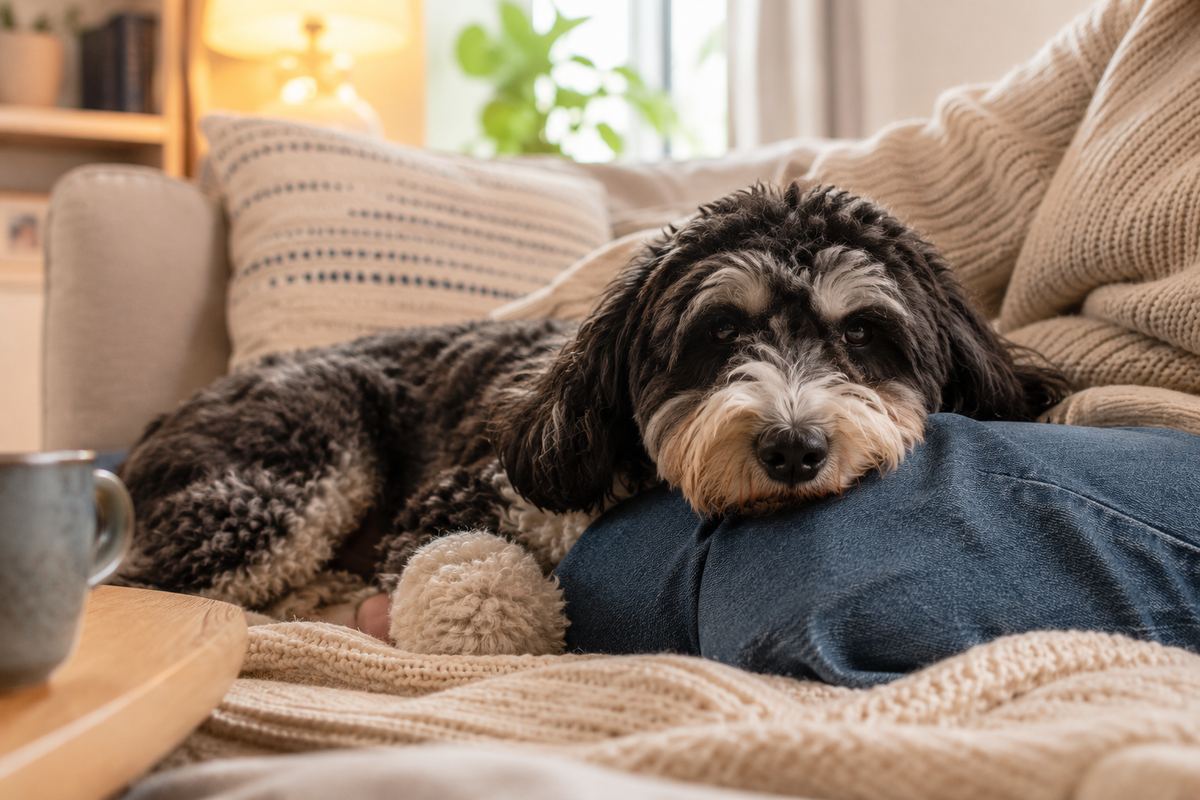 Pet owner relaxing at home with their dog